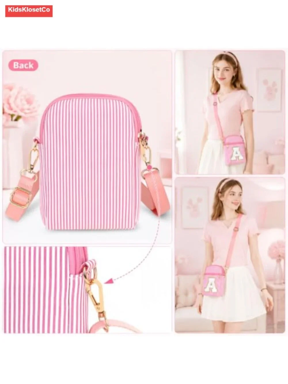 Initial Crossbody Bag for Girls, Pink Stripe Phone Purse with Letter Patch